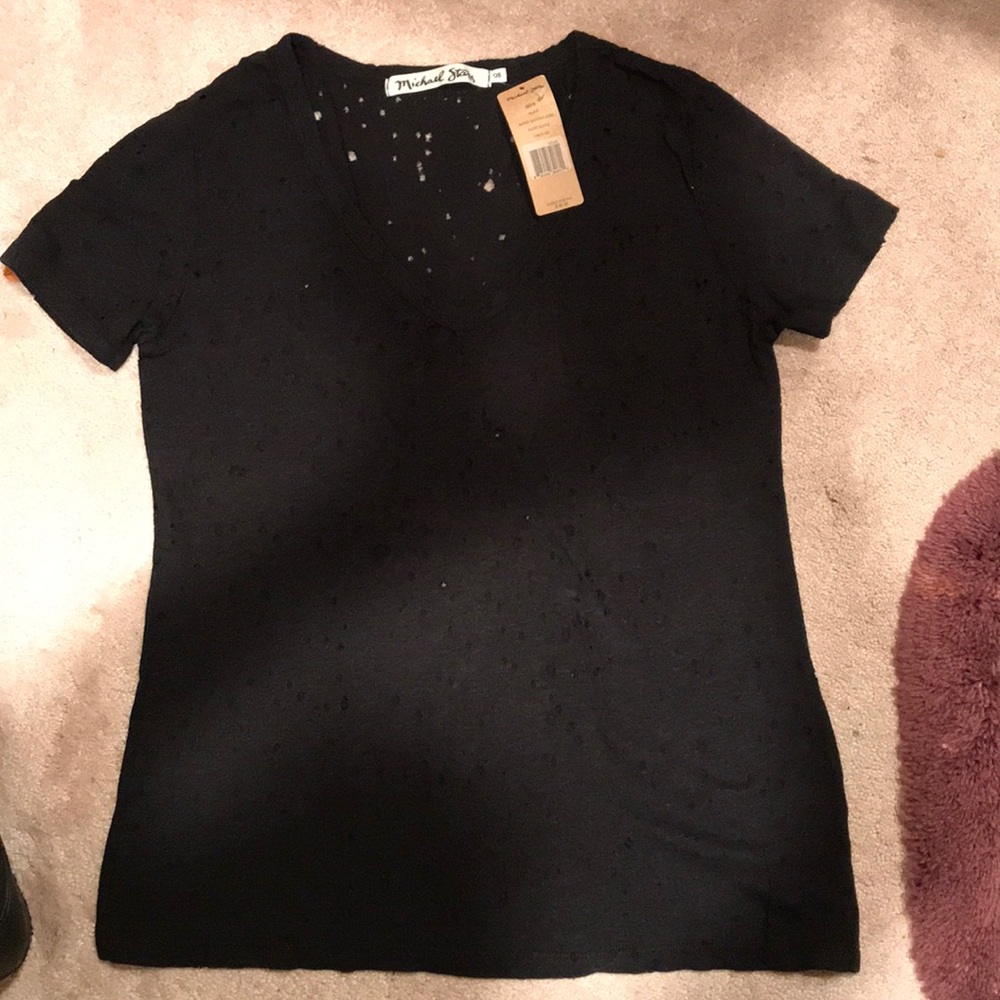 NWT Michael Stars Ripped Texture Black V Neck Tee